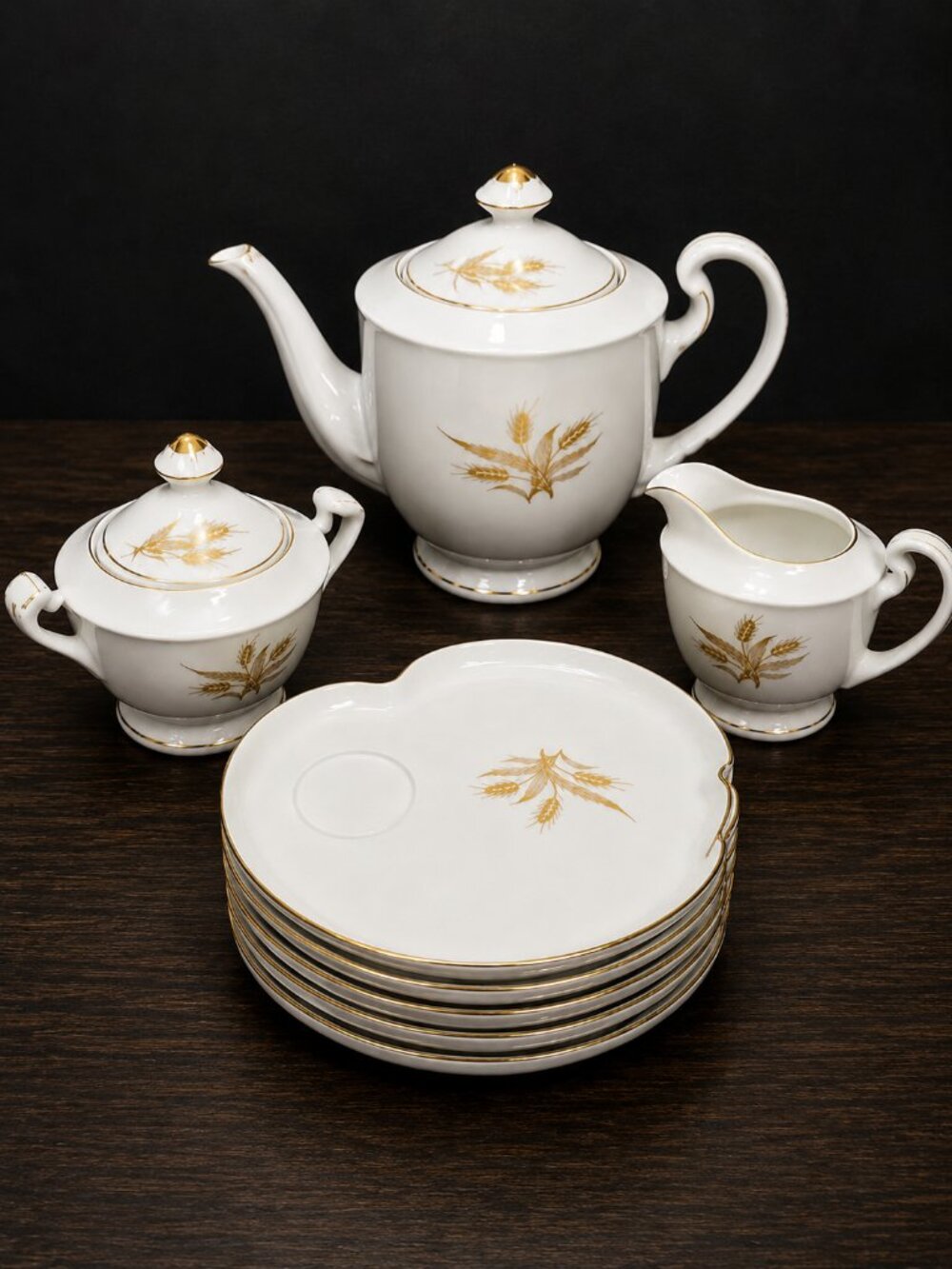 VTG Hakusan China Japan Tea Set Teapot 6 Snack Plates Gold Wheat Bone China 9675